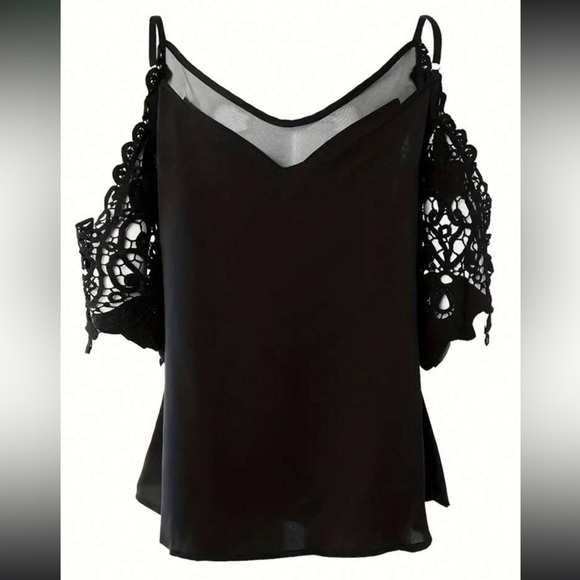 Boho Sheer Mesh Crochet Lace Cold Off Shoulder Top Blouse Shirt Black New - Picture 2 of 3
